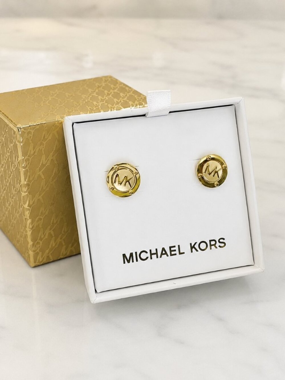 Michael Kors MK Logo Disk Stud Earrings Gold Tone Post Back 14mm NWT